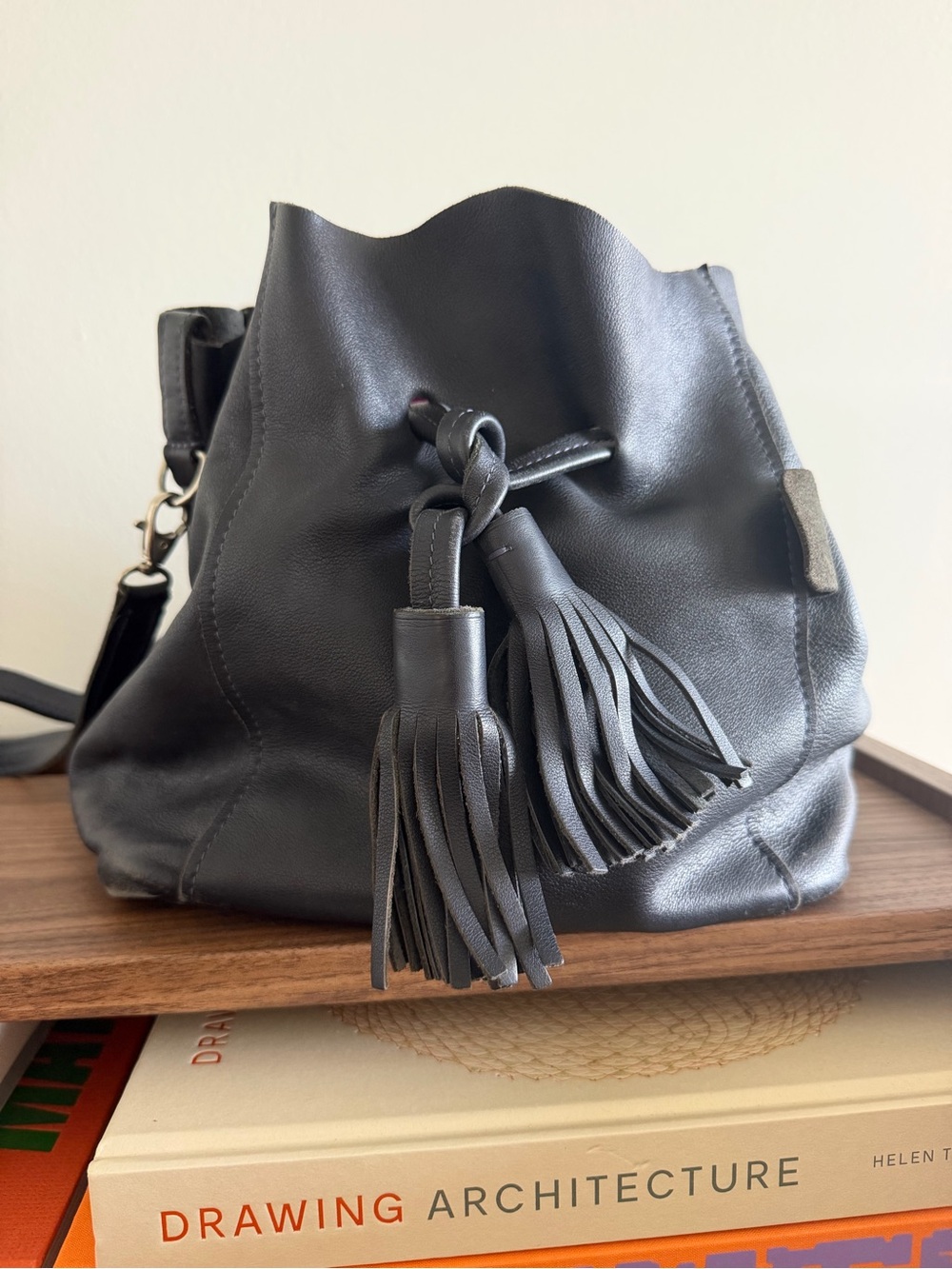 Handmade French Vintage Real Leather Tassel Bucket Bag